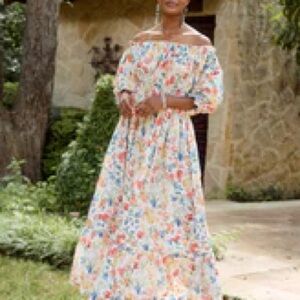 Mi Golondrina Cream Puff Sleeve Off-Shoulder Maxi Dress